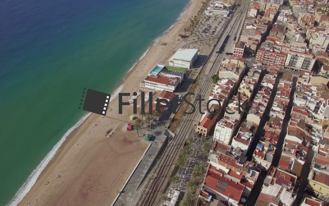 Aerial view of beach, sea, railways and hotels, Barcelona, Spain