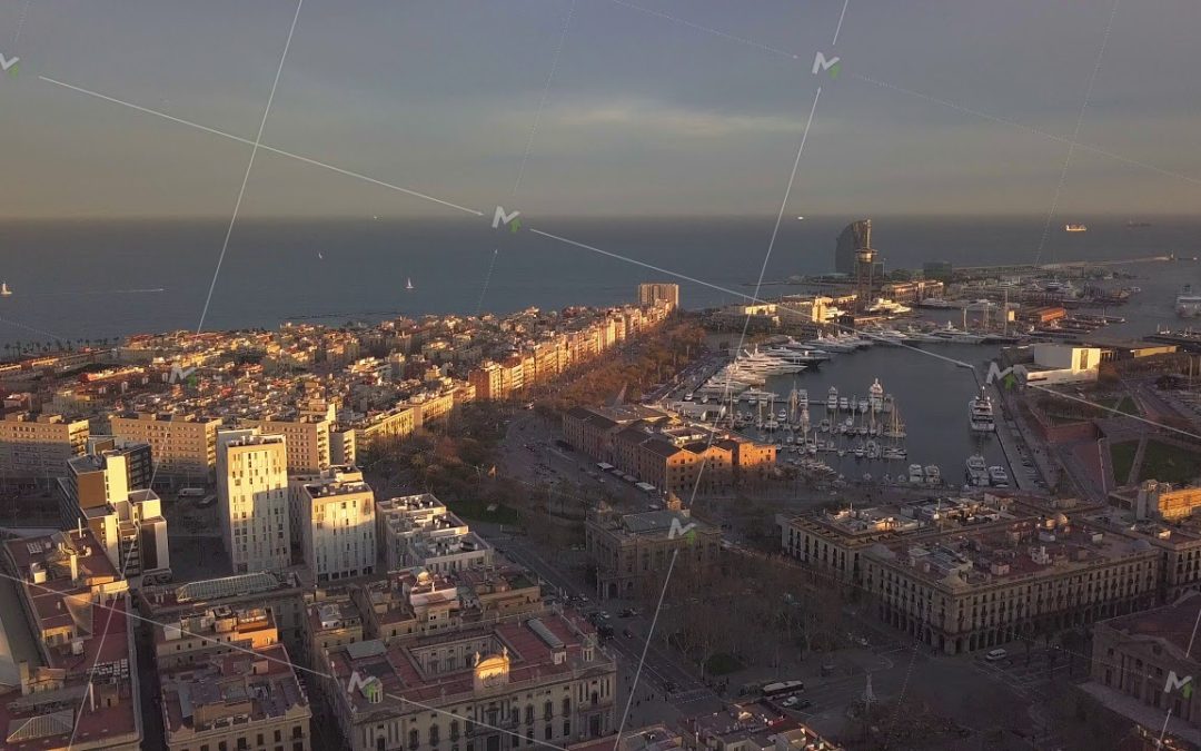 AERIAL: Towards Barcelona Coast,Beach,Harbour at Sunset, Summer, Sunny